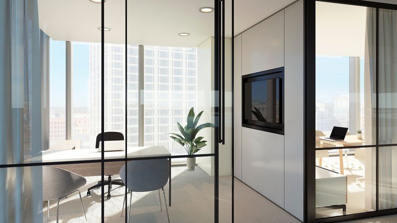 This photo features collaboration spaces with acoustic panels, which easily provides a clear design language for most modern office interiors.