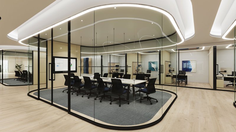 This photo shows an office using modular glass fronts and demountable wall systems