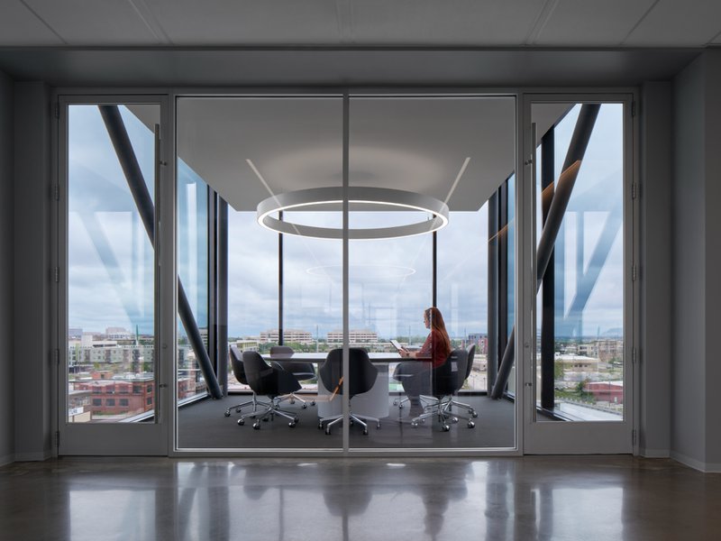 The image shows a commercial design from ICI in New Jersey. The image shows an office space that's overlooking the city.