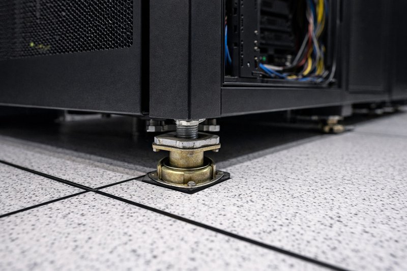 Close-up of a server rack leveling foot applying concentrated load on an access floor tile in a data center