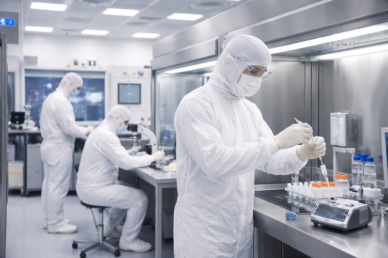 Cleanroom technicians in full PPE working under controlled conditions, handling equipment and samples in a sterile clean room environment with laminar airflow systems.