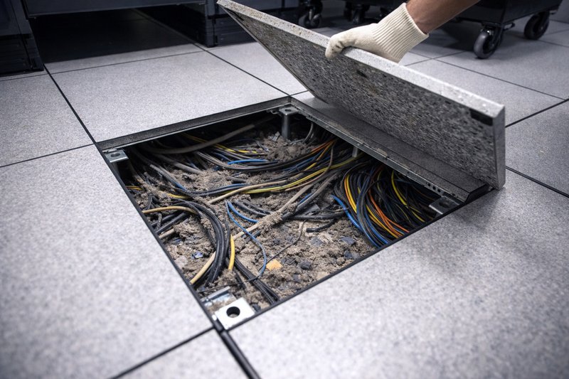 Raised floor panel lifted in a data center, revealing dust buildup and cable congestion in the subfloor plenum contributing to server contamination.
