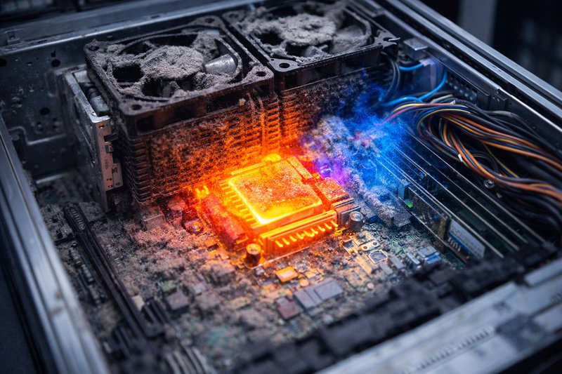 Close-up of dust-clogged server components and fans causing overheating, with visible debris buildup restricting airflow inside data center hardware.