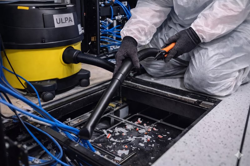 A clean room technician vacuuming up debris