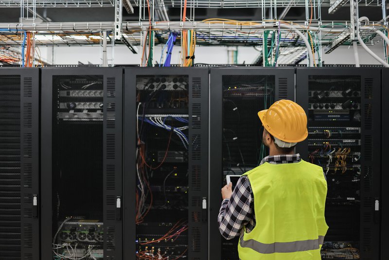 Data center technicians performing compliant cleaning and particle testing in a raised floor server environment.