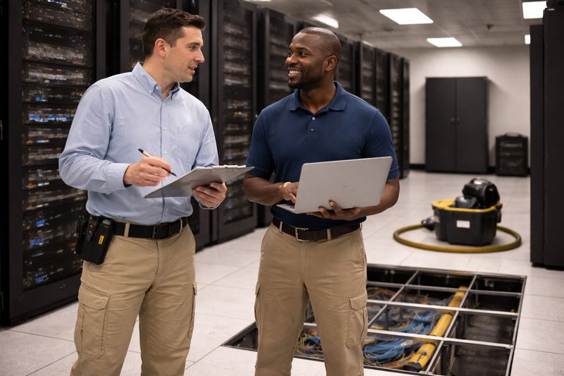 Two technicians discussing work in a data center while reviewing a laptop and clipboard beside an open raised floor with visible cabling.