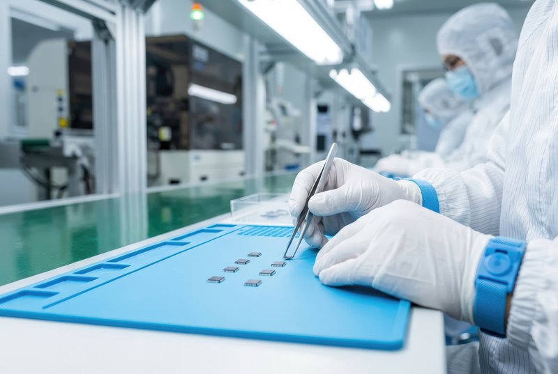 This image shows a sterile cleanroom, technicians in full protective gear use precision tools to assemble microchips, illustrating a core component of a Contamination Control Strategy in semiconductor manufacturing.
