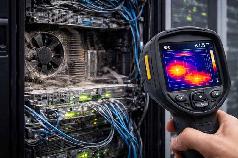 Thermal camera detecting hot spots in a dusty server rack with clogged fans and restricted airflow inside a data center