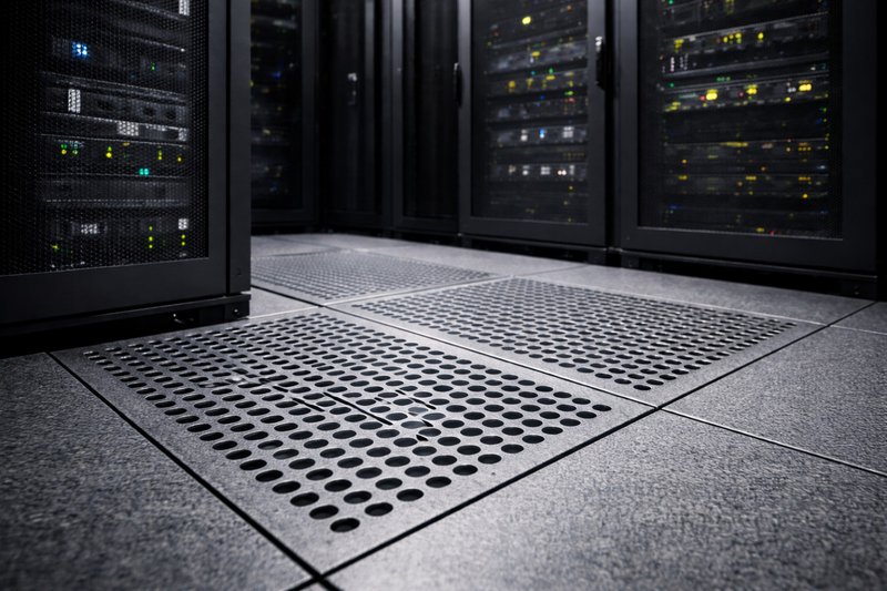 Close-up of perforated raised floor tiles installed in a cold aisle in front of server racks for controlled airflow distribution
