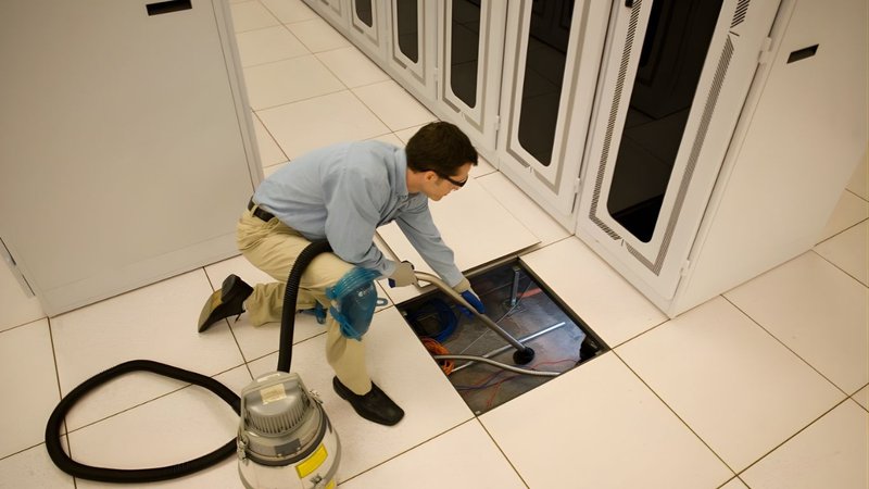 A technician in a data center performing raised floor subfloor cleaning