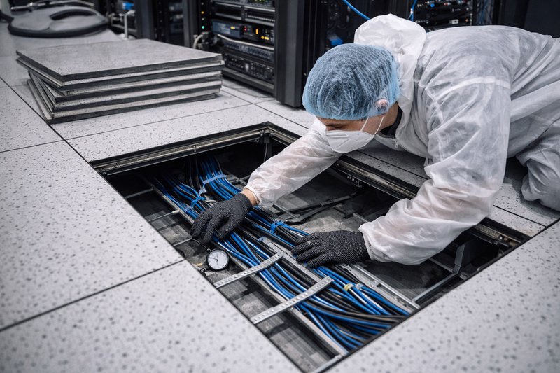 Technician inspects and organizes structured data cabling beneath raised floor tiles, working inside a clean subfloor plenum in an active data center.