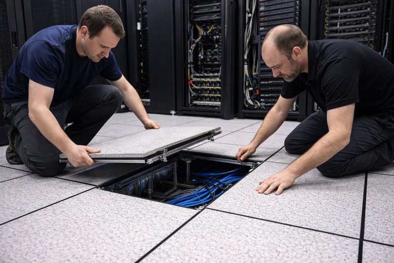 Two technicians installing access floor panels in a data center while managing subfloor cabling around active equipment