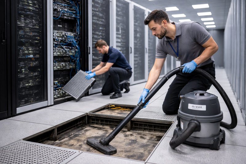 Technicians cleaning a raised floor plenum in a data center using a HEPA vacuum while removing floor tiles to control contamination