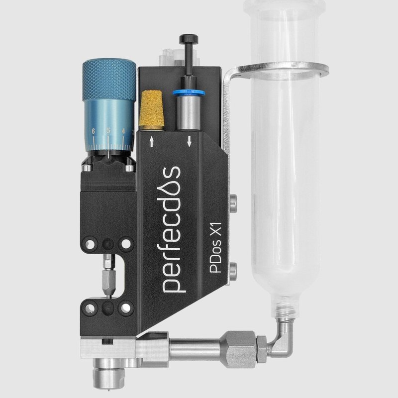 The image shows one of the automated dispensing systems that can handle cyanoacrylate, specifically a jet dispensing head used by mta robotics.