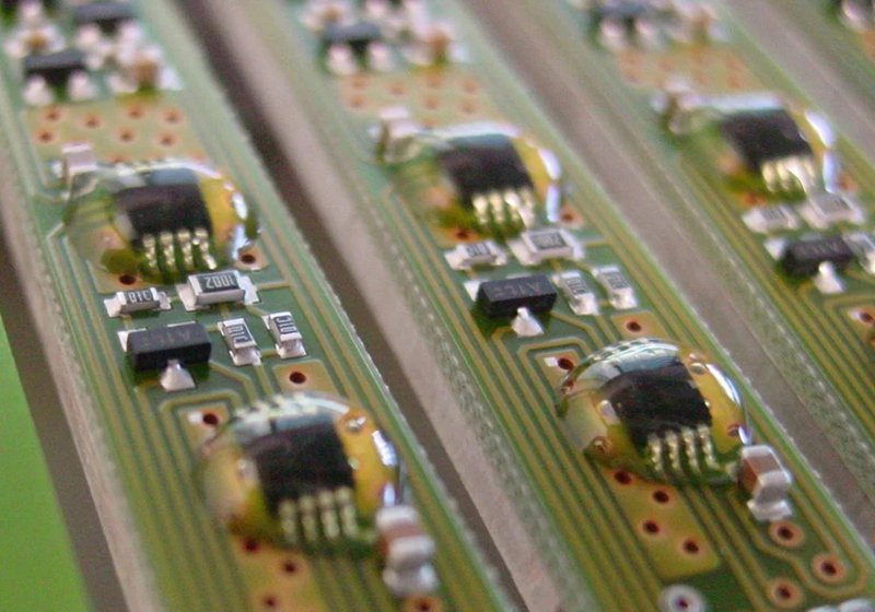 This photo features a printed circuit board, which commonly requires adhesive dispensing processes to manufacture