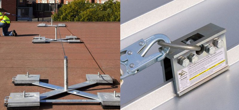 Fall protection anchors and connectors secured on rooftop surfaces