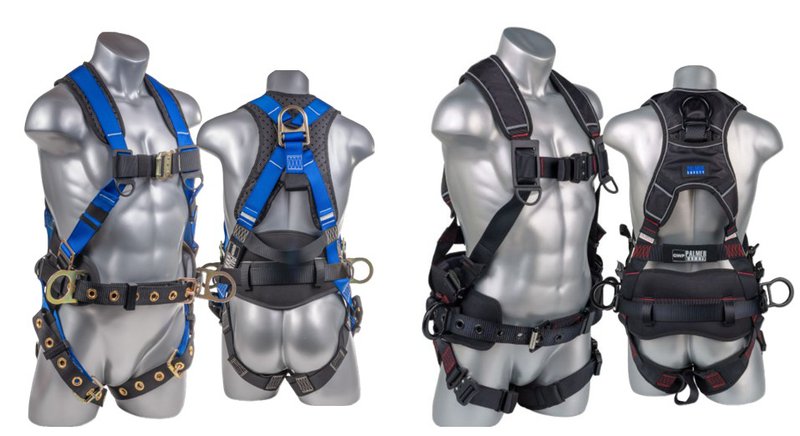Full-body fall protection harnesses with D-rings and support straps