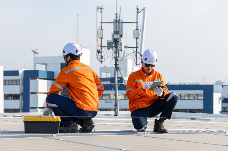 Maintenance workers in PPE on a rooftop