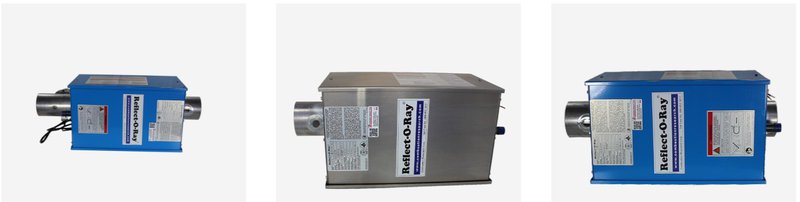 combustion heaters in blue and stainless steel models.