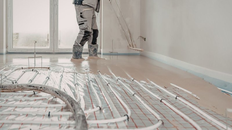 A construction worker installing underfloor pipes for a Radiant Floor Design.