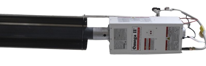 A white Omega II burner assembly built for a commercial tube heater for shop.