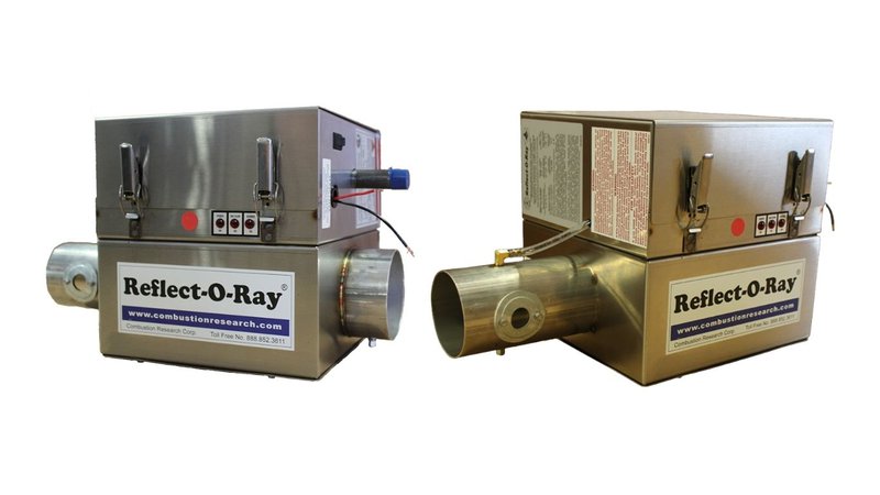 Two stainless steel Reflect-O-Ray devices used to provide energy-efficient spot heating.
