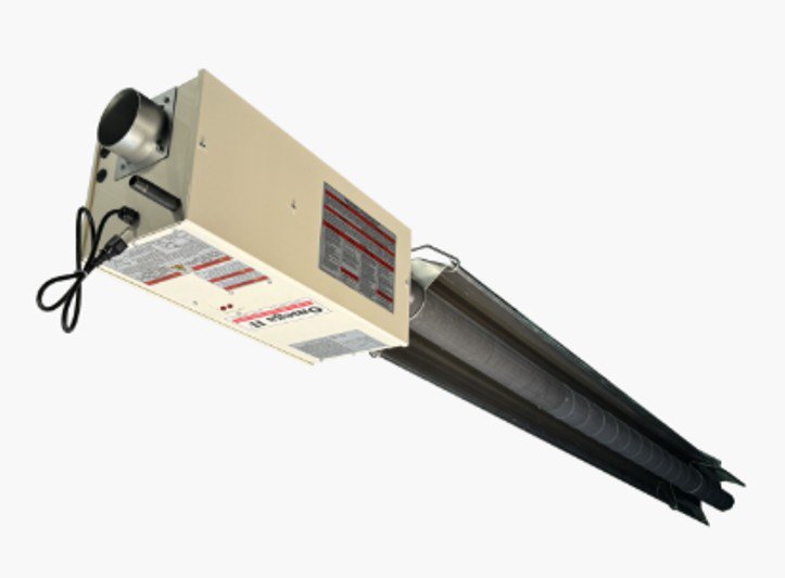 Radiant tube heater with burner box and long infrared heating tube for large commercial spaces.