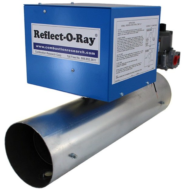 Reflect-O-Ray radiant tube heater with blue burner box and cylindrical heating tube.