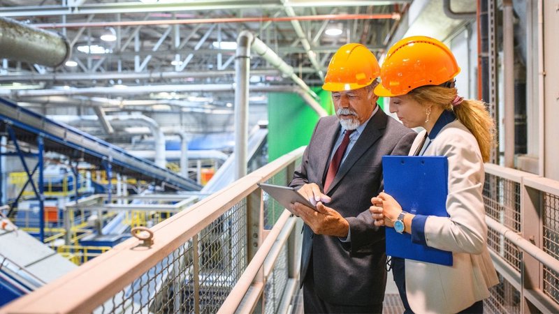 Two inspectors at an industrial facility reviewing Radiant Heat Parts.