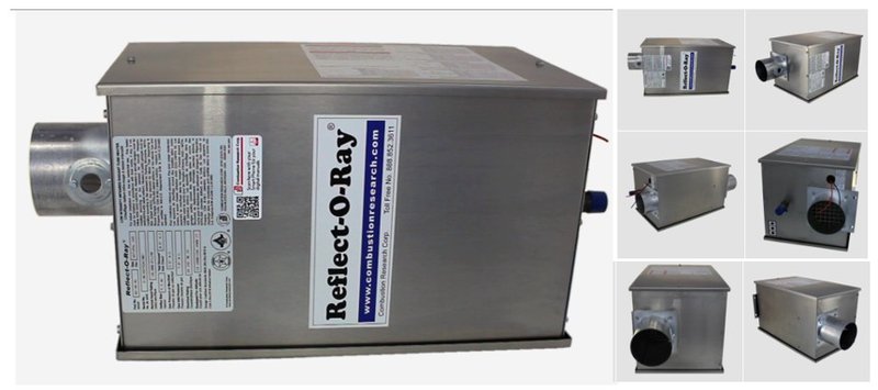 Stainless steel spot heating unit with alternate angle and component images.