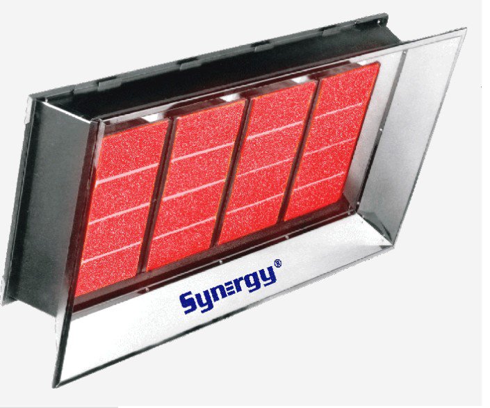 Synergy infrared heater with glowing red heating panels and angled reflectors.