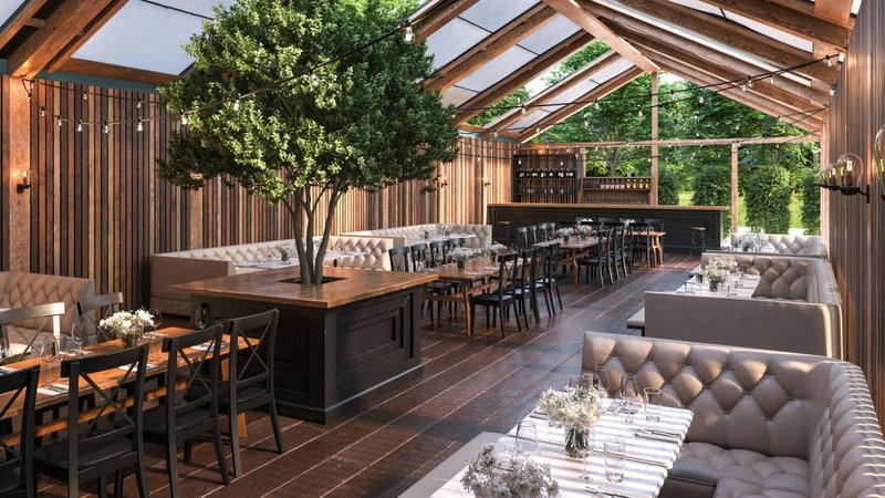 An open-air restaurant patio featuring Commercial Patio Heaters.
