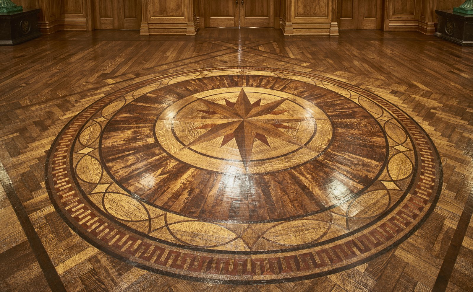 This photo showcases a hardwood flooring with an intricate design