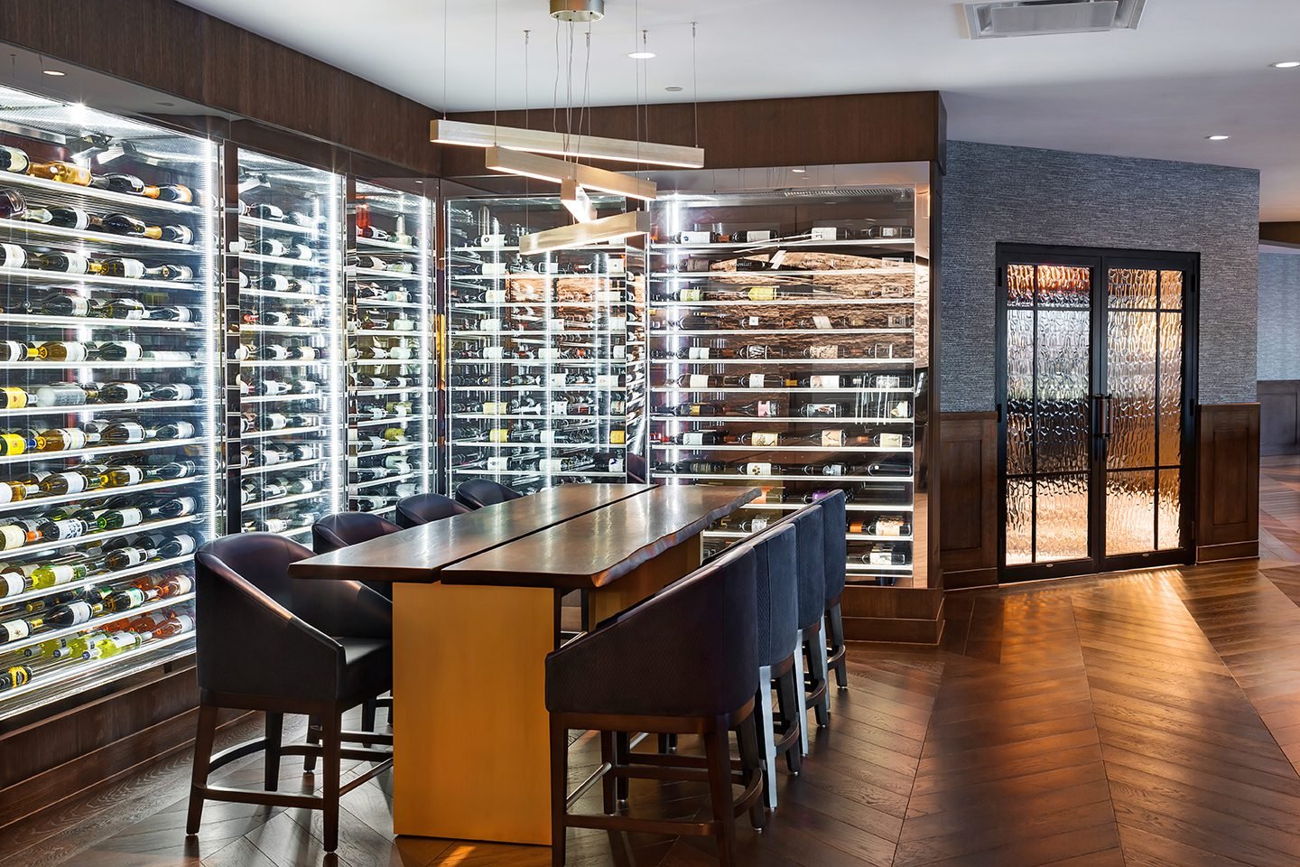 Restaurant cellar with prefinished chevron flooring in European Oak Restaurant cellar with prefinished chevron flooring in European Oak