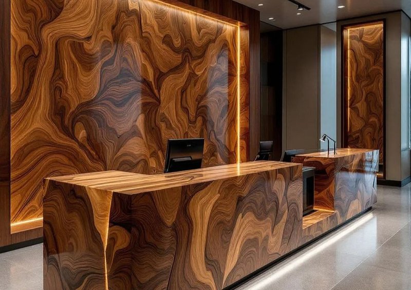 This photo shows a reception desk that uses a unique monolithic design.