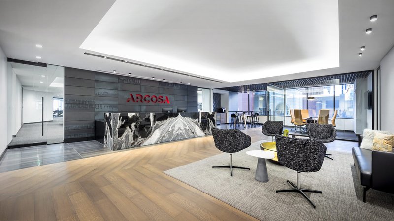 Corporate office lobby lounge that uses White Oak with a prefinished glaze