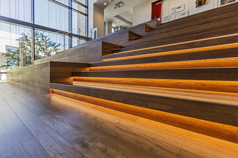 This photo from a campus college highlights the use of a hickory/pecan wood flooring.