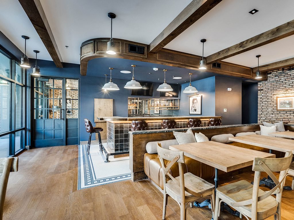 Hotel bar that uses custom shop finished select grade white oak flooring