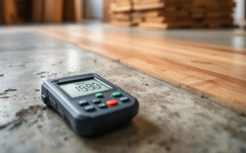 This image shows a digital moisture meter on the ground in preparation for floor installation