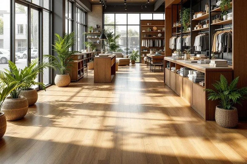 This is a retail clothing store with wood flooring
