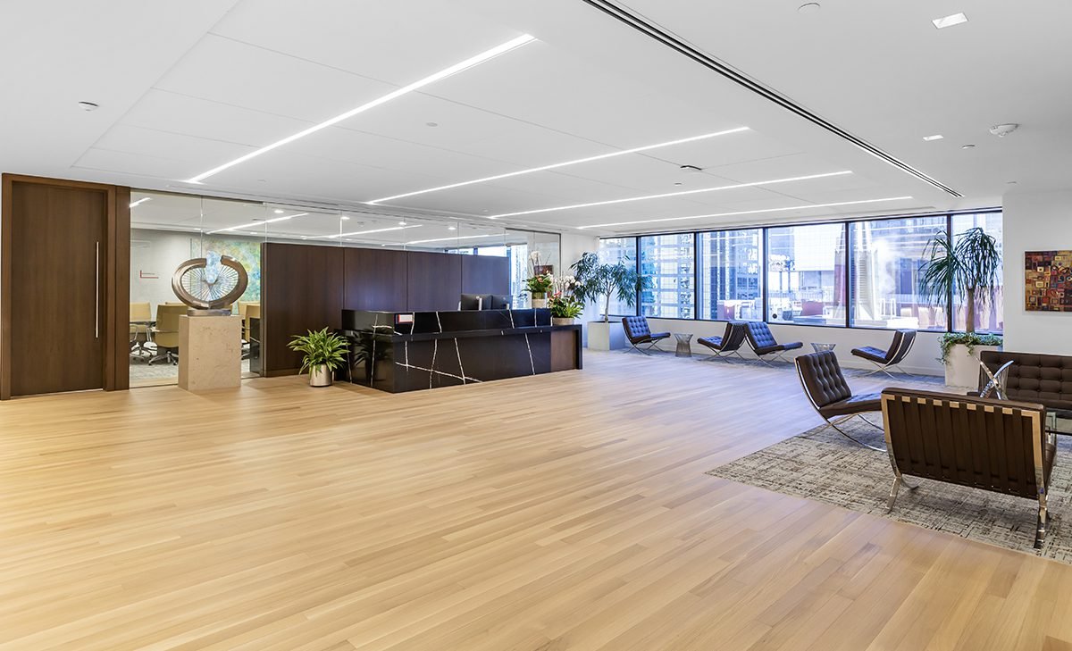 This photo features an office lobby with durable white oak flooring This photo features an office lobby with durable white oak flooring