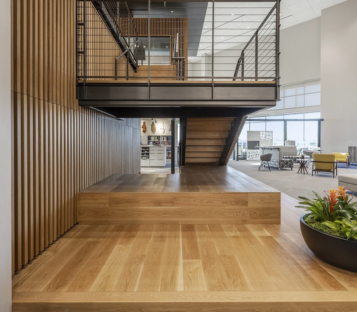 This photo features how custom wood floors can enable designers and architects to match the floor, stairs, and wall This photo features how custom wood floors can enable designers and architects to match the floor, stairs, and wall