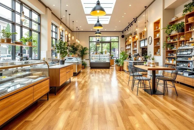 This is an image of a cafe with wood flooring