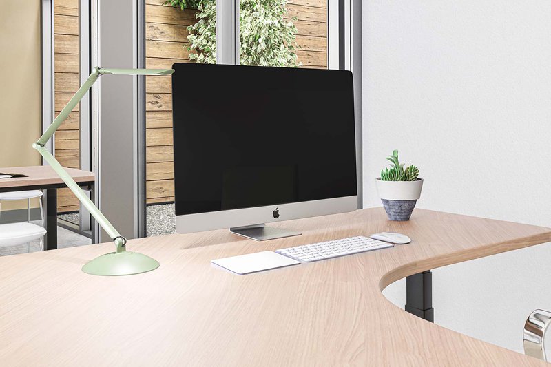 The image shows an L-shaped desk with a small plant, a desk light, and a computer setup.