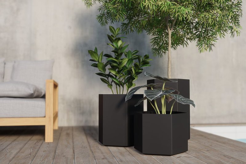 The image shows image planters being used to support a biophilic interior design