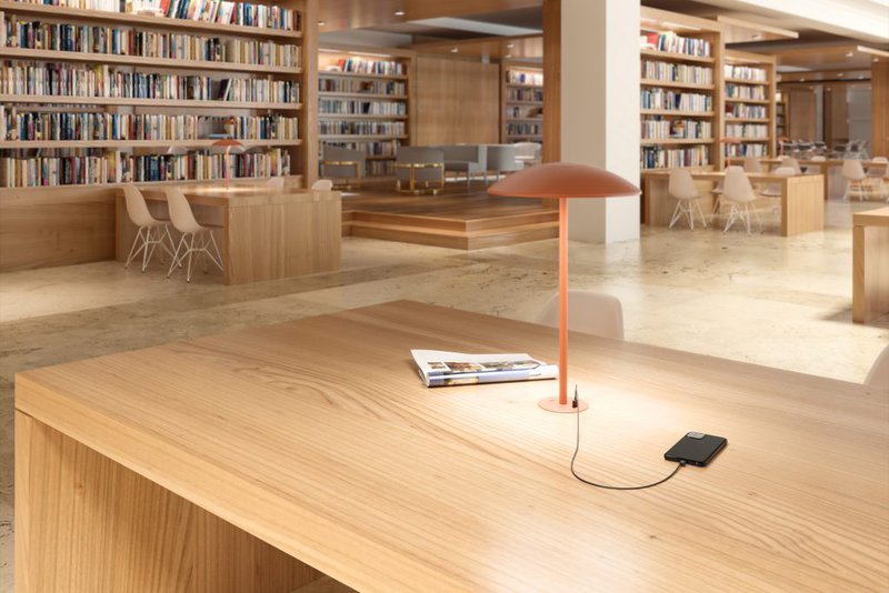 Custom design lamp at a shared desk in a library