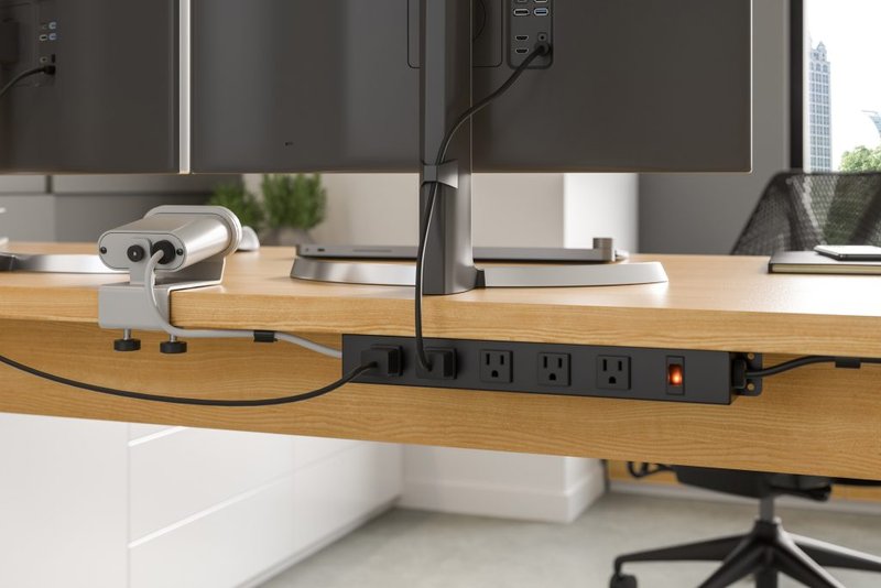 An office desk with desk-mounted and under-mount power strips