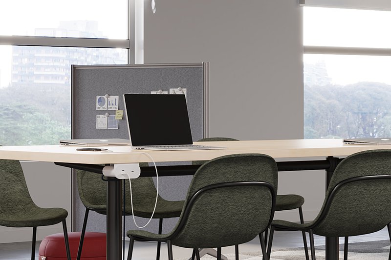The image shows a power module from LightCorp that's hooked underneath a conference table. 