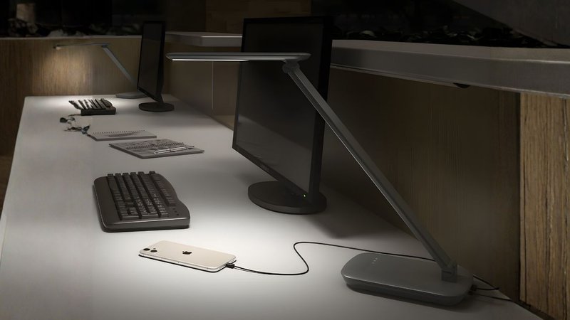 modern office desk accessories with lighting and power access