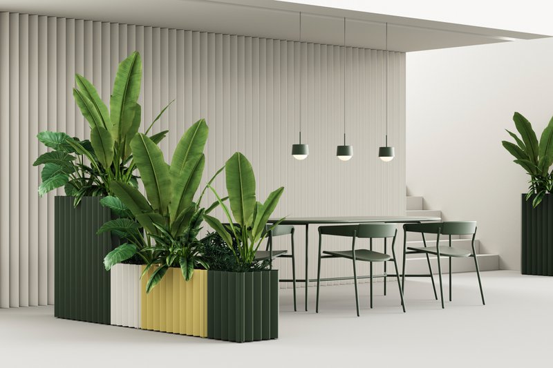 The image shows a few office planters positioned near a desk.
